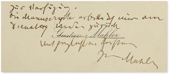 MAHLER, GUSTAV. Autograph Note Signed, Mahler, to Dear Director, in German, on recto and verso of his printed visiting card,